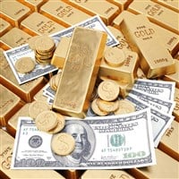 Gold bars and coins with 100 bill