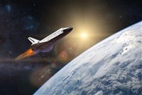 Blue planet Earth. Space shuttle taking off on a mission. - stock image