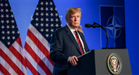 Press conference of Donald Trump, President of United States of America, during NATO (North Atlantic Treaty Organization) SUMMIT 2018 - Stock Editorial Photography