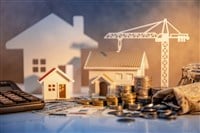 Real estate or property development. Construction business investment concept. Home mortgage loan rate. Coin stack on international banknotes with calculator, house and crane models on the table. — Photo