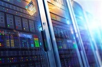 Modern web network and internet telecommunication technology, big data storage and cloud computing computer service business concept: 3D render illustration of the macro view of server room interior in datacenter with selective focus effect — Photo