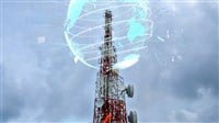 Photo of a tower and radio frequencies and a hologram of the world