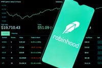 Kazan, Russia - Oct 19, 2021: Robinhood Markets is an American broker-dealer company. A smartphone with the Robinhood logo on the background of the live trading webpage. Robinhood dashboard. — Stock Editorial Photography