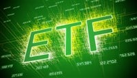 illustration of keyword ETF on dark green abstract background - business concept.