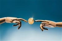 photo of two robot hands pointing at a Bitcoin