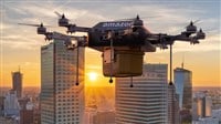 Amazon Prime Air Drone delivering a parcel in the centre of a modern city