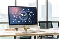 Customer relationship management system on modish computer for CRM business and enterprise - stock image