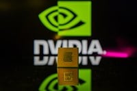 New Jersey, United States of America - February 5: microchip GPU with Nvidia logo in the background. High quality photo — Stock Editorial Photography