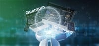 Cyborg hand holding Quantum computing concept with qubit and dev — Photo