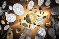 Flying altcoins with Bitcoin in the center as the leader. Bitcoin as most important cryptocurrency concept. 3D illustration — Stock Editorial Photography