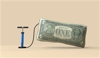 Inflated one dollar bill balloon. Economic inflation concept. 3D Rendering.