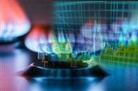 Natural gas cost growth concept with gas burners and stock charts - stock image