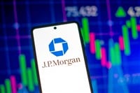 Galati, Romania - March 28, 2023: Smartphone with JP Morgan Bank logo. JP Morgan Bank stock chart on the background