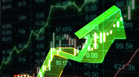 Bullish market and investing concept with rising up digital green graphic arrow on dark technological background with forex market chart graphs and candlestick. 3D rendering — Photo