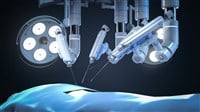 3d rendering robotic assisted surgery with dummy patient in operating room