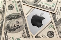 Apple Inc. logo and hundred dollar bills on the gray background. Apple Pay is a mobile payment and digital wallet service by Apple Inc. — Stock Editorial Photography