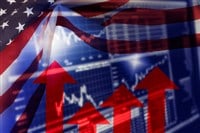 Usa flag and arrows with financial graph background — Photo