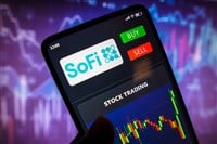 May 11, 2022, Brazil. In this photo illustration the stock trading graph of SoFi Technologies seen on a smartphone screen