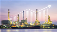 Oil gas refinery or petrochemical plant. Include arrow, graph or bar chart. Increase trend or growth of production, market price, demand, supply. Concept of business, industry, fuel, power energy. — Photo