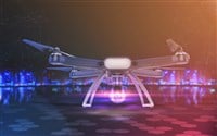 Double Exposure, Modern Remote Control Air Drone Flying with action camera. on black background. 3D . - stock image