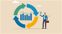 Economic cycle to study up and down on stock market, booming or recession, business cycle for marketing, statistic or data analysis concept, businessman with magnifier on economic cycle diagram. — Vector