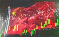 Double exposure of China flag on coins stacking and stock market graph chart .It is symbol of china high growth economy and technology. — Photo