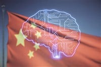 Virtual creative artificial Intelligence hologram with human brain sketch on Chinese flag and sunset sky background. Double exposure — Photo