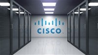 Cisco Systems logo on the wall of the server room. Editorial 3D