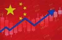 Economic recovery with stock market chart arrow up in positive territory over Chinese flag painted on wall.