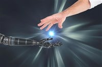 Photo illustrating the connection between human and robot hand against silver background