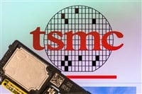 London. UK- 02.02.2025. Macro close up of the name sign for the Taiwanese semiconductors manufacturer TSMC with chips and parts from a mobile phone.