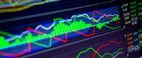 Data analyzing in forex market: the charts and quotes on display - stock image