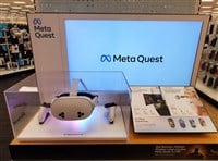 Wilmington, Delaware, U.S.A - February 23, 2025 - A Meta Quest 3S VR headset and controllers displayed in a store display case.