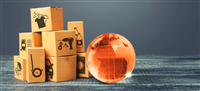 Orange glass earth globe and boxes. International world trade distribution. Delivery of goods, shipping. Globalization markets. Economics development. Global economy, import export freight traffic. — Photo