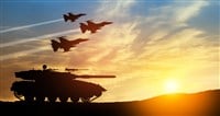 Silhouettes of army tank and fight planes on background of sunset. Military machinery. Independence day. - stock image