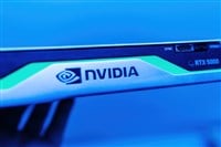 Paris, France - Apr 3, 2024: The NVIDIA logo is visible on a super professional video card with a blue color cast, highlighting the advanced technology and premium design of the hardware — Stock Editorial Photography