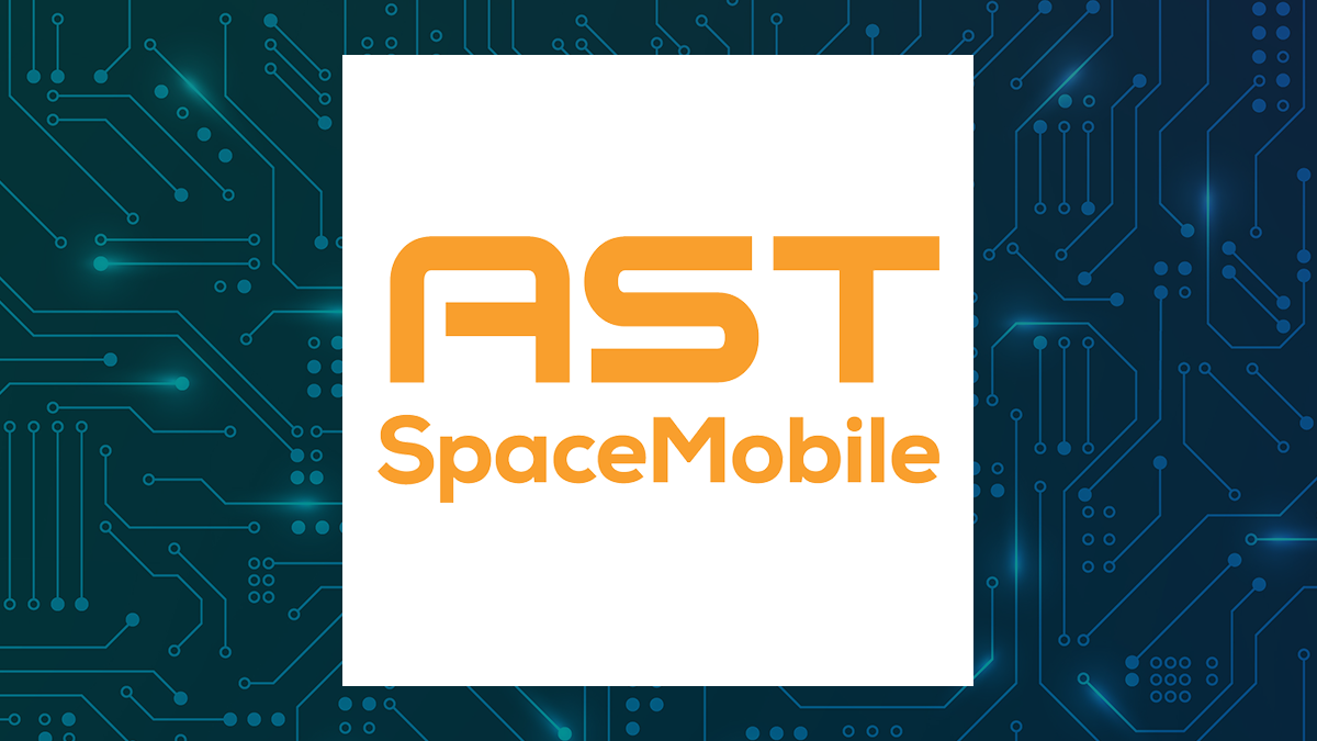 AST SpaceMobile logo with computer and technology background