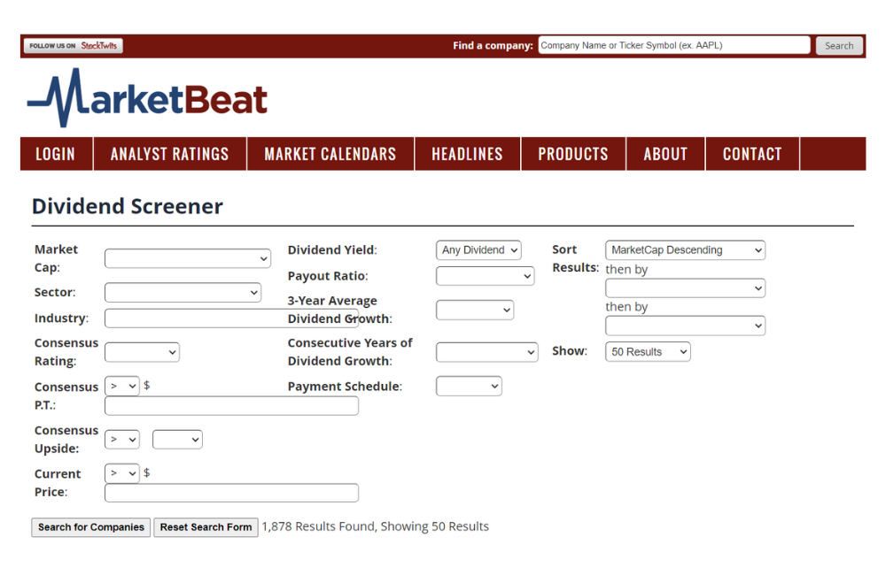 Screenshot of MarketBeat Dividend Screener Page